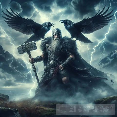 The Powerful Odin With His Ravens Ai Artwork