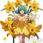 ’The Rays Of Happiness: The Girl With Blue Hair And Yellow Dress Surrounded By Narcissus Flowers