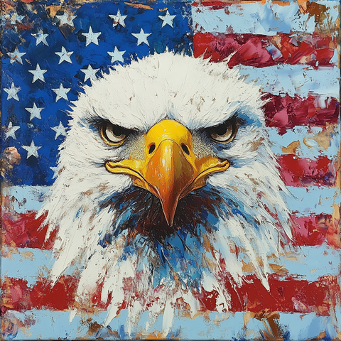 Portrait head of Big white eagle in USA flag style oil painting