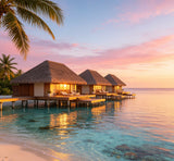 luxury Maldives-inspired beach photography backdrop with overwater bungalows and sunset reflections