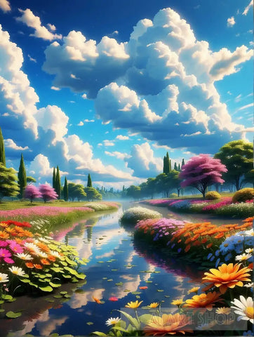 ’Tranquil Blossoms: A Riverside Garden Symphony’ Landscape Ai Art