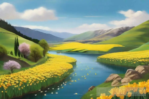 Tranquil Haven: The Daffodil Lake Nature Ai Art