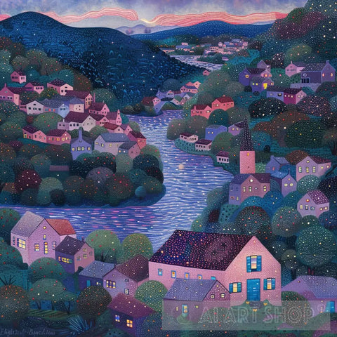 Tranquil Riverside Village At Twilight - Pointillist Art Impressionism Ai