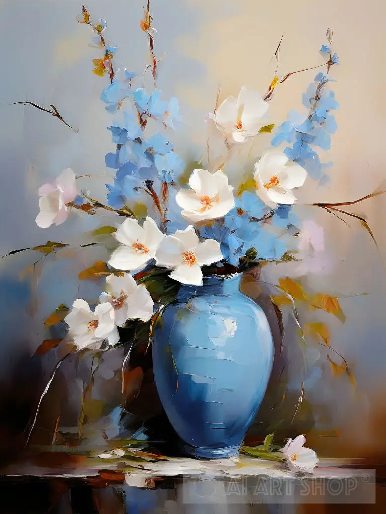 Still Life Painting - White and Blue Flowers in Blue Vase | Artist ...