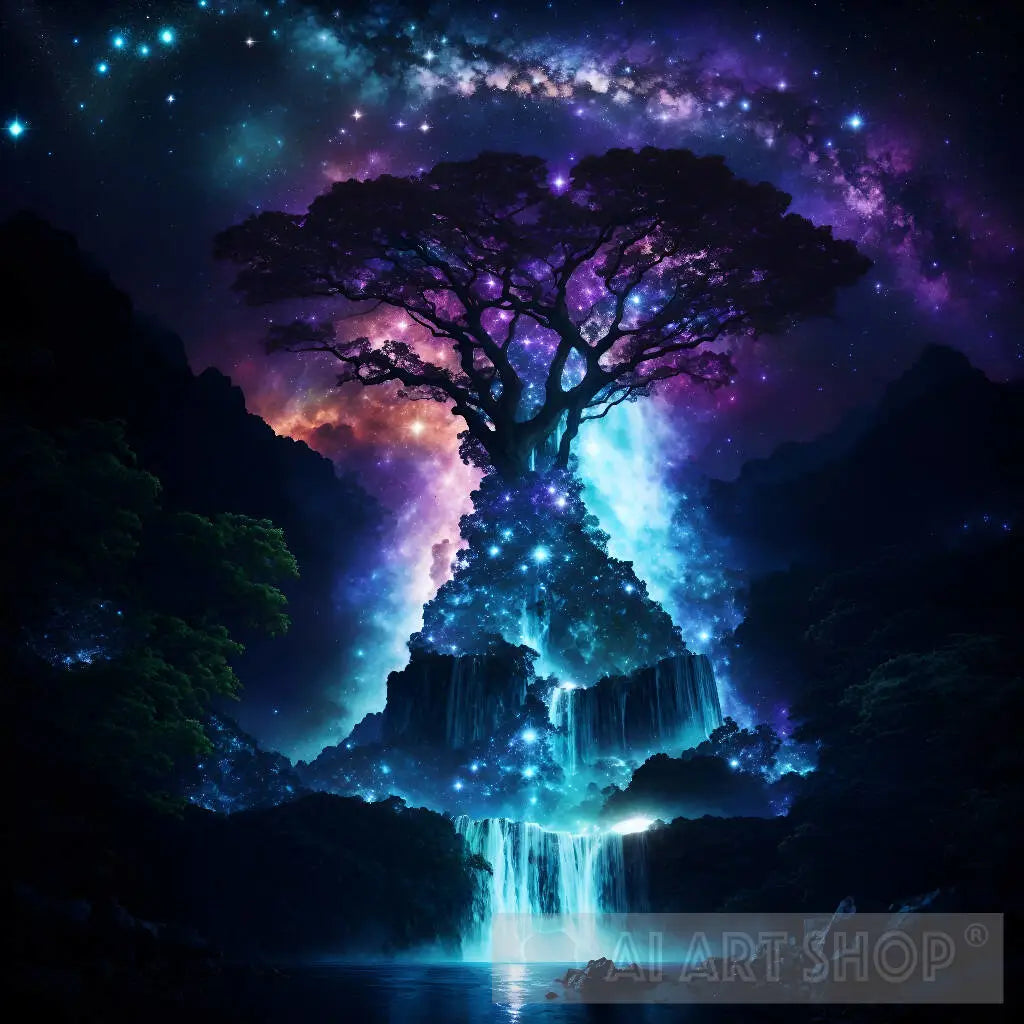 Galaxy Tree Model tree of life in galaxy, universe, dramatic, fantasy, waterfall,