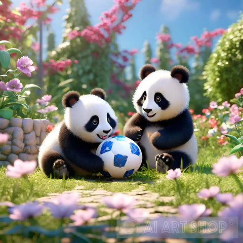 Two pandas playing with a soccer ball