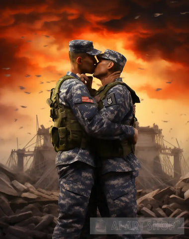 Two Soldiers Kissing During War Ai Artwork