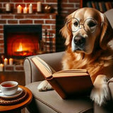 un golden con lentes y un libro