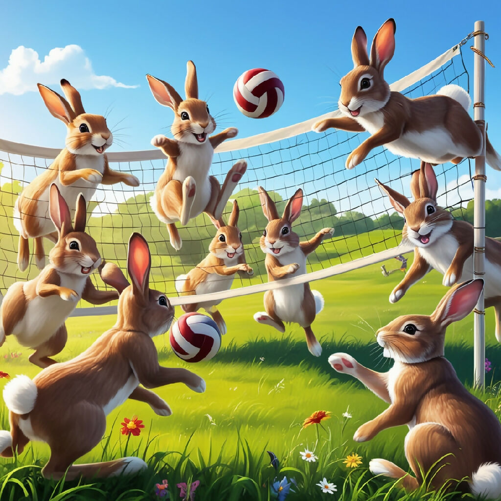 Rabbit In Action Joyful Rabbits Playing Volleyball: Whimsical Meadow Art