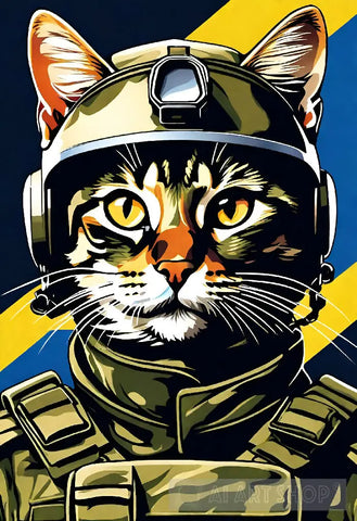 Ukrainian Soldier Cat Yellow-Blue Watercolor Animal Ai Art