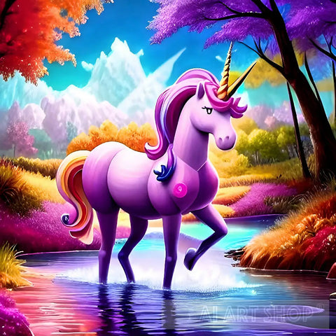 Unicorn In The Forest Lake Animal Ai Art