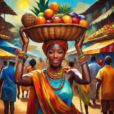 African woman carrying basket of fruits