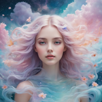 A stunning woman with soft, surreal features, surrounded by floating dreamscapes in pastel colors.