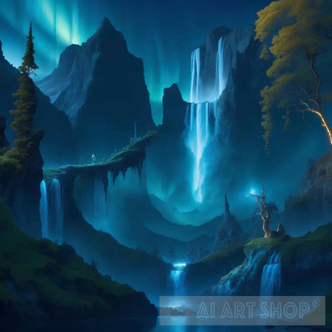 Very Beautiful And Detailed Blue Golden Auroras In The Sky Landscape Ai Art