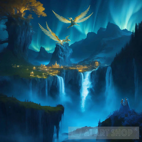 Very Beautiful And Golden Auroras In The Sky Landscape Ai Art