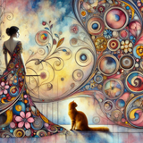 DALL·E 2024-12-04 18.35.21 - A surreal and artistic depiction of a woman and a cat in a style inspired by Joan Miró and Gustav Klimt. The scene combines Miró's abstract, colorful 
