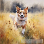 Vibrant Canine Freedom: Ai-Generated Watercolor Print Of A Dog Joyfully Running Through Field Nature