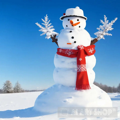 View Of A Happy Snowman In Winter Nature Ai Art