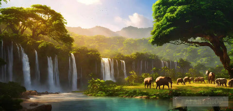 View Of A Serene And Majestic Landscape An African Waterfall With Wildlife Ai Painting