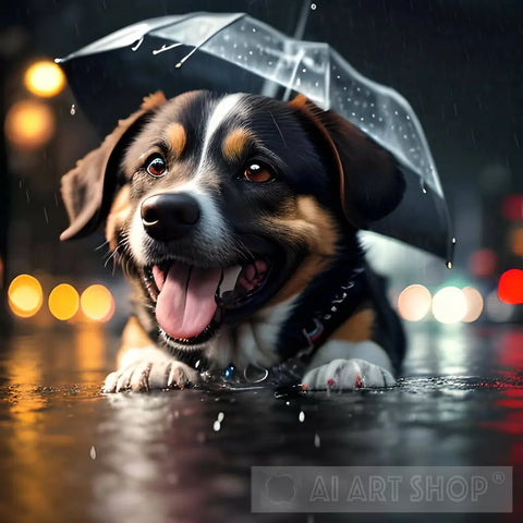 View Of The Dog In Middle Road Rain Holding An Umbrella Animal Ai Art