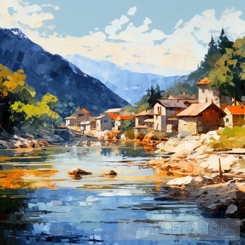 Village With Clear River Landscape Ai Art