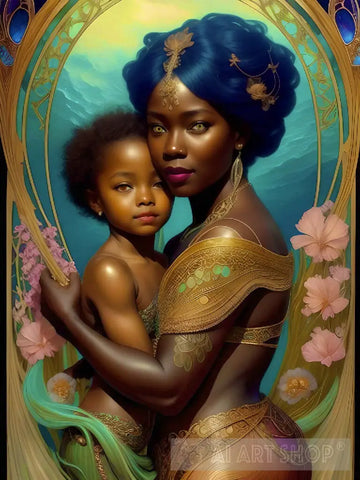 Vintage Mermaid Mother & Child Ai Artwork