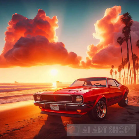 Vintage Red Car On The Beach With A Beautiful Sunset Ai Artwork