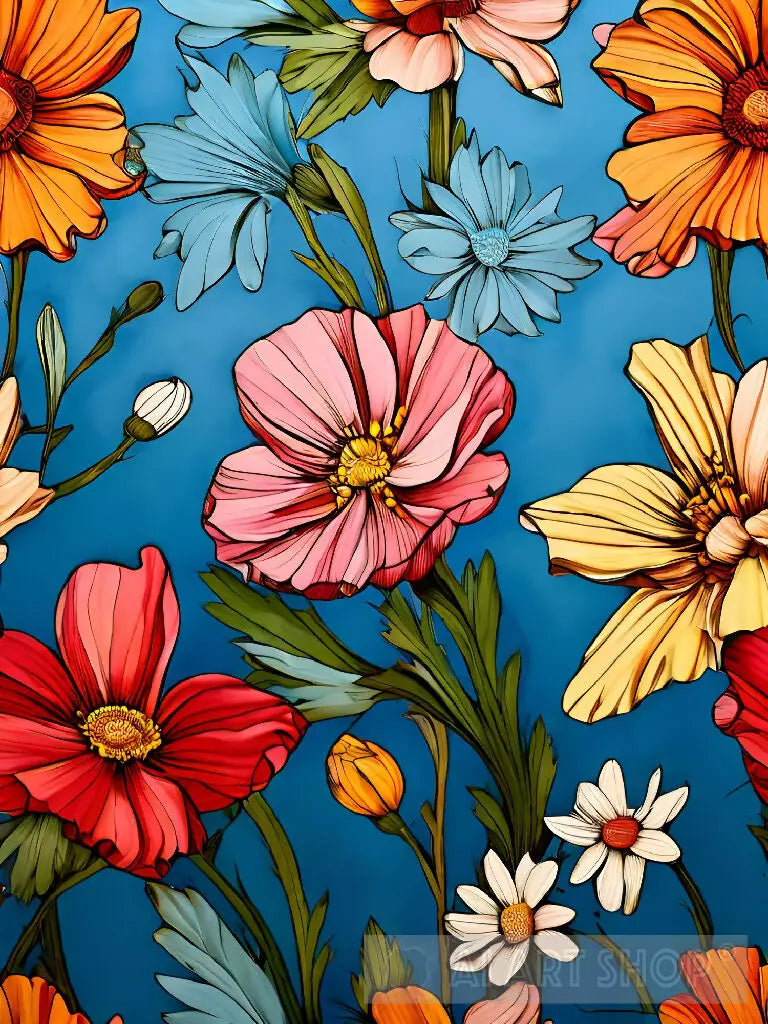 Seamless Floral Pattern, Blue Background, Flowers, Download