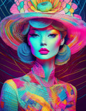 pop art style painting of a surreal female portrait with glamourous hat and big flower, soft pastel  18-02-2025 at 11-46-00