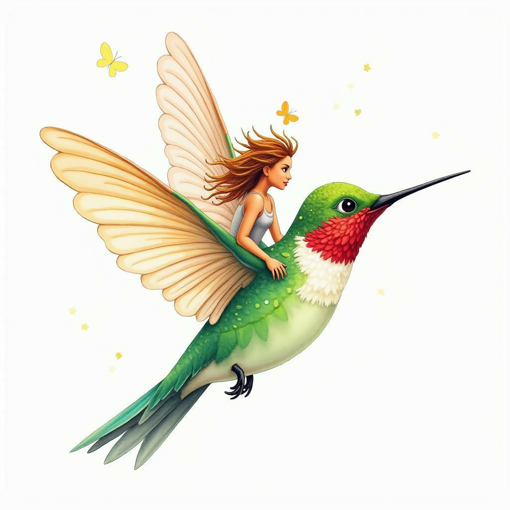 Fairy Riding Raven Whimsical Fairy - Magical Fairy Riding a Hummingbird Digital Art