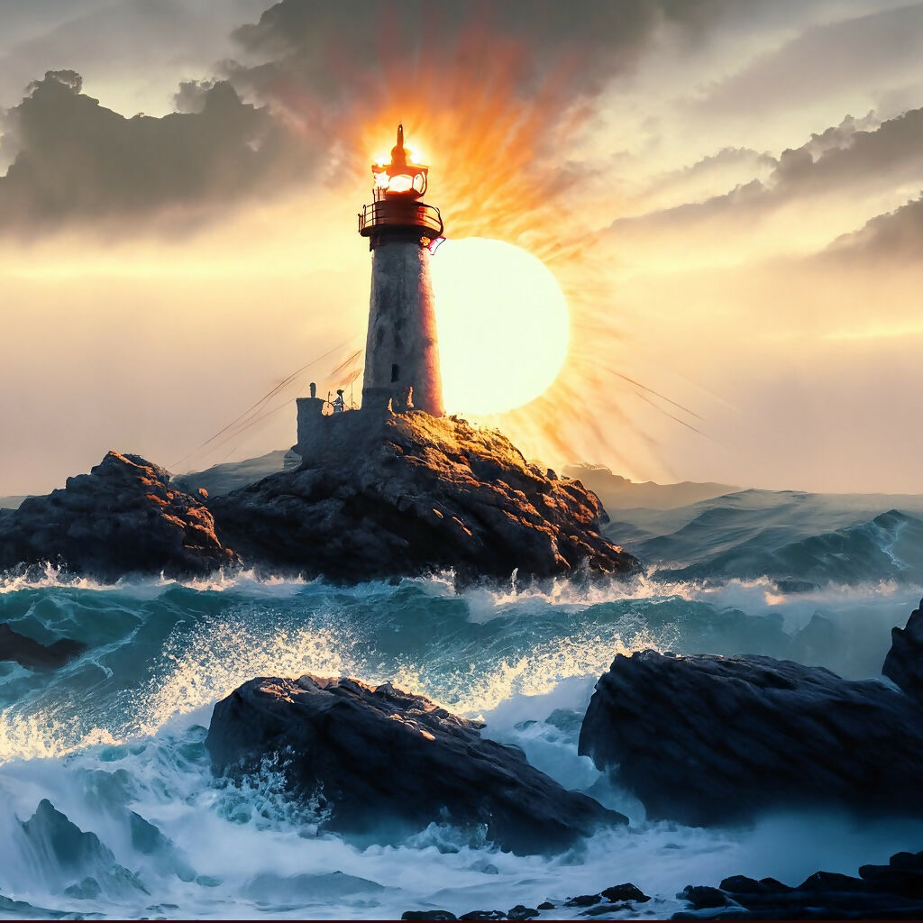 lighthouse, rocks, sunset, waves