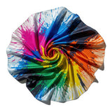 This image showcases a cross-section of a spiral shell featuring a mesmerizing array of colors and intricate patterns. The vibrant hues range from pink, blue, and green near the center to yellow, orange, and brown towards the outer edges, creating a stunn