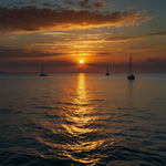 A vibrant sunset over a calm ocean with sailboats on the horizon (2)