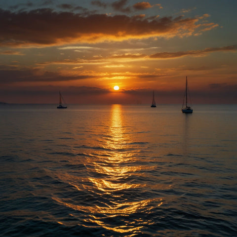 A vibrant sunset over a calm ocean with sailboats on the horizon (2)