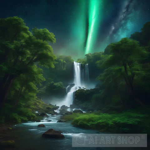 Waterfall In The Green Forest Landscape Ai Art