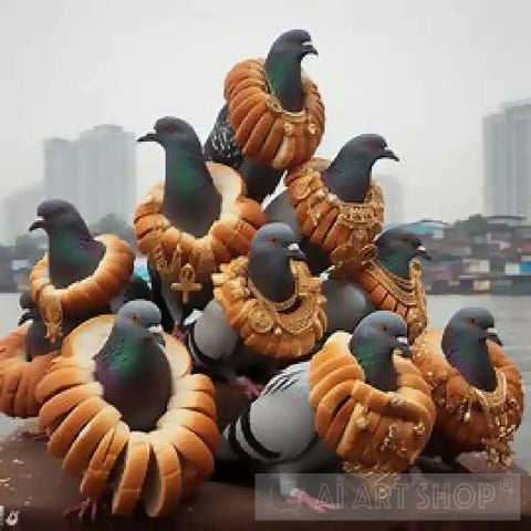 Wealthy Pigeons Kingpins Wearing Bread Necklaces Ai Artwork