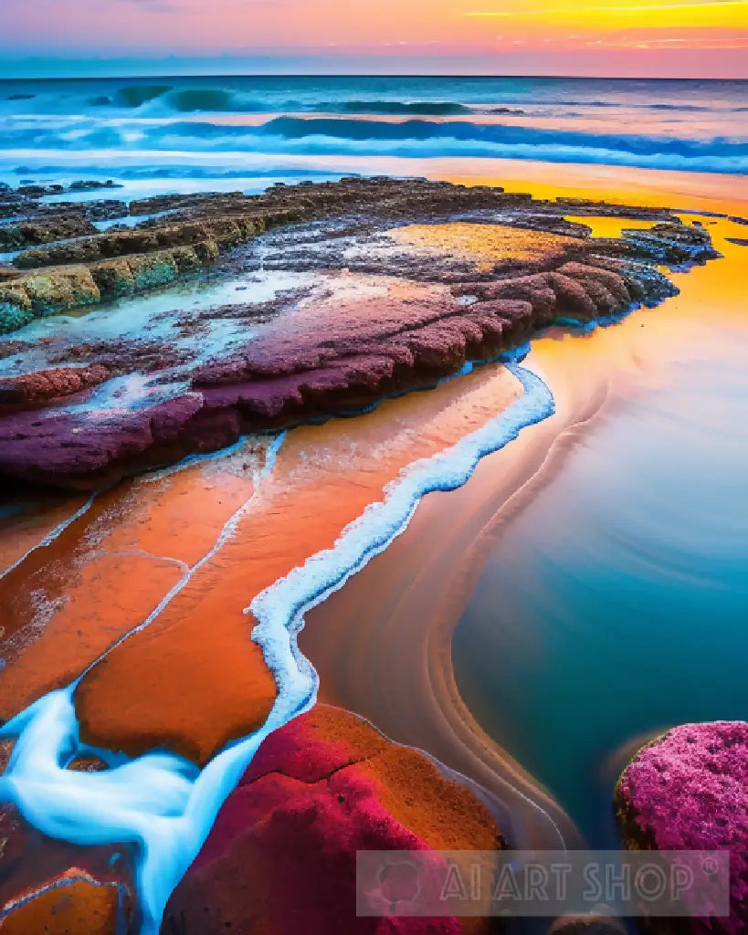 Tidepool, beach, flowers, rock, ocean, colorful, painting, beautiful