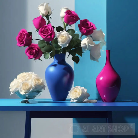 White And Fuchsia Pink Roses In Blue Vase Still Life Ai Art