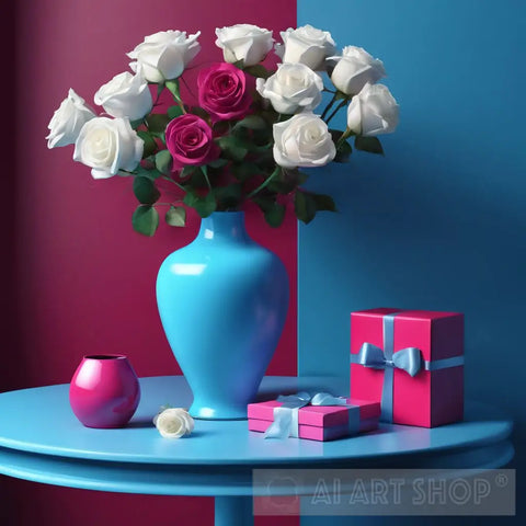 White And Pink Roses With Gift Boxes Still Life Ai Art