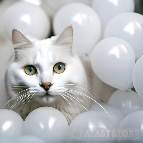 White Cat Baloons Ai Artwork