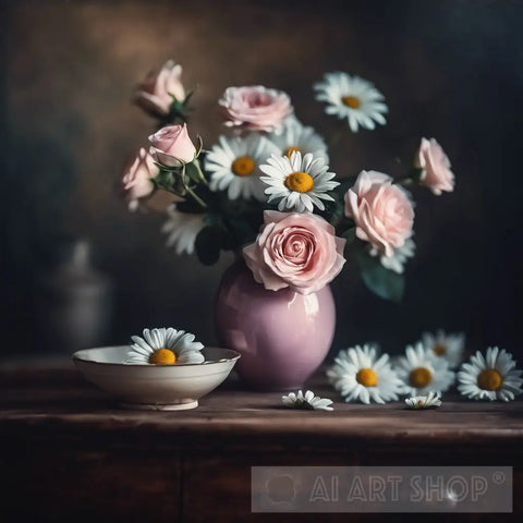 White Daisies And Pink Roses On Writing Desk Still Life Ai Art
