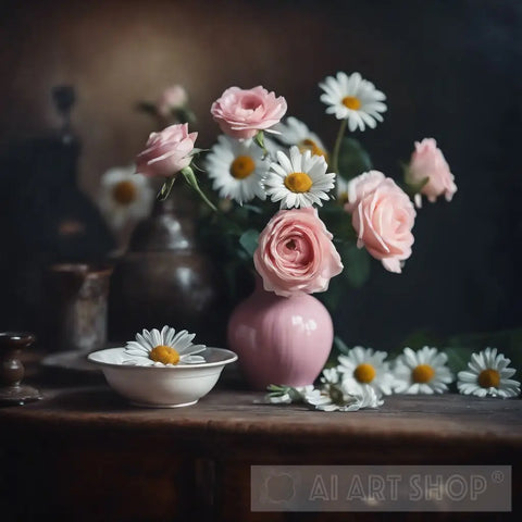 White Daisies And Pink Roses With Metal Decanters Still Life Ai Art