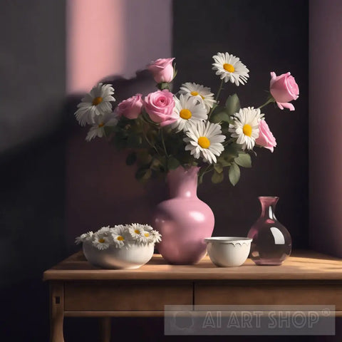 White Daisies And Roses In Pink Vase Still Life Ai Art