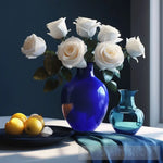 White Floribunda Roses In Blue Vase With Citrus Fruit Still Life Ai Art