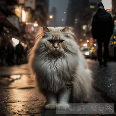 White Fluffy Cat In Hk Ai Artwork