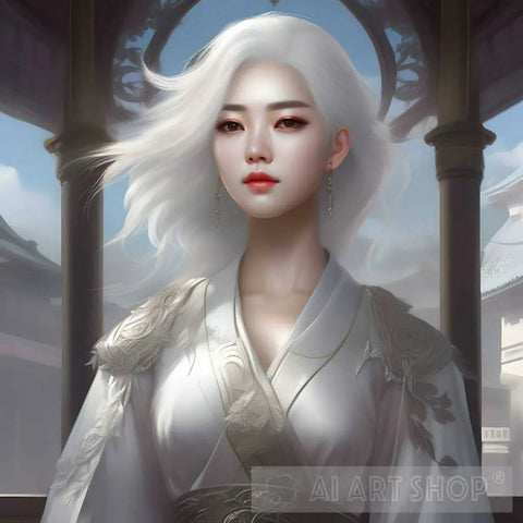 White Haired Girl In The Temple Ai Artwork
