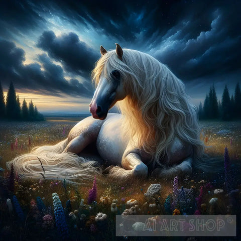 White Horse In The Meadow - Majestic Equine Wall Art Serene Nature ...