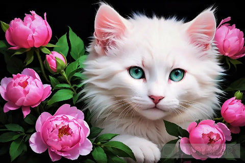 White Kitten Of Peonies Animal Ai Art