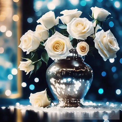 White Roses In Sparkling Silver Vase Still Life Ai Art