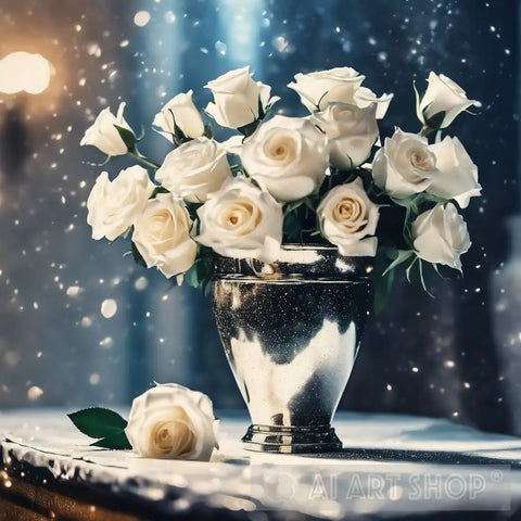 White Roses In Winter Courtyard Still Life Ai Art